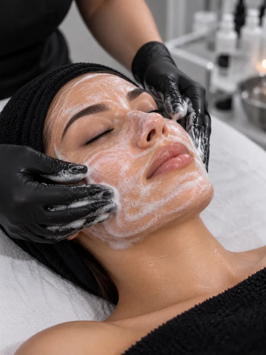 A client's face being gently cleansed during a facial treatment