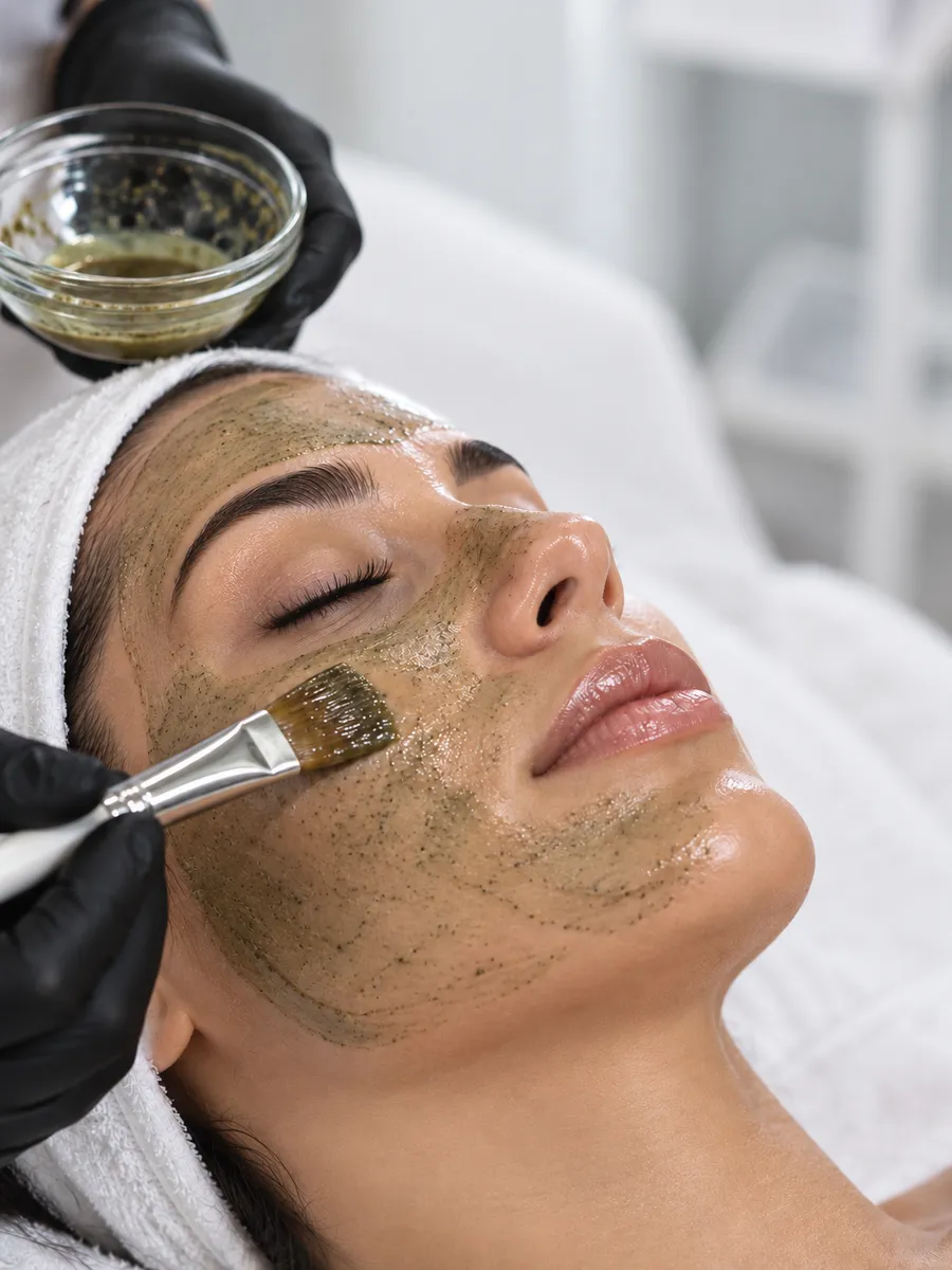 An algae mask being applied to a client's face
