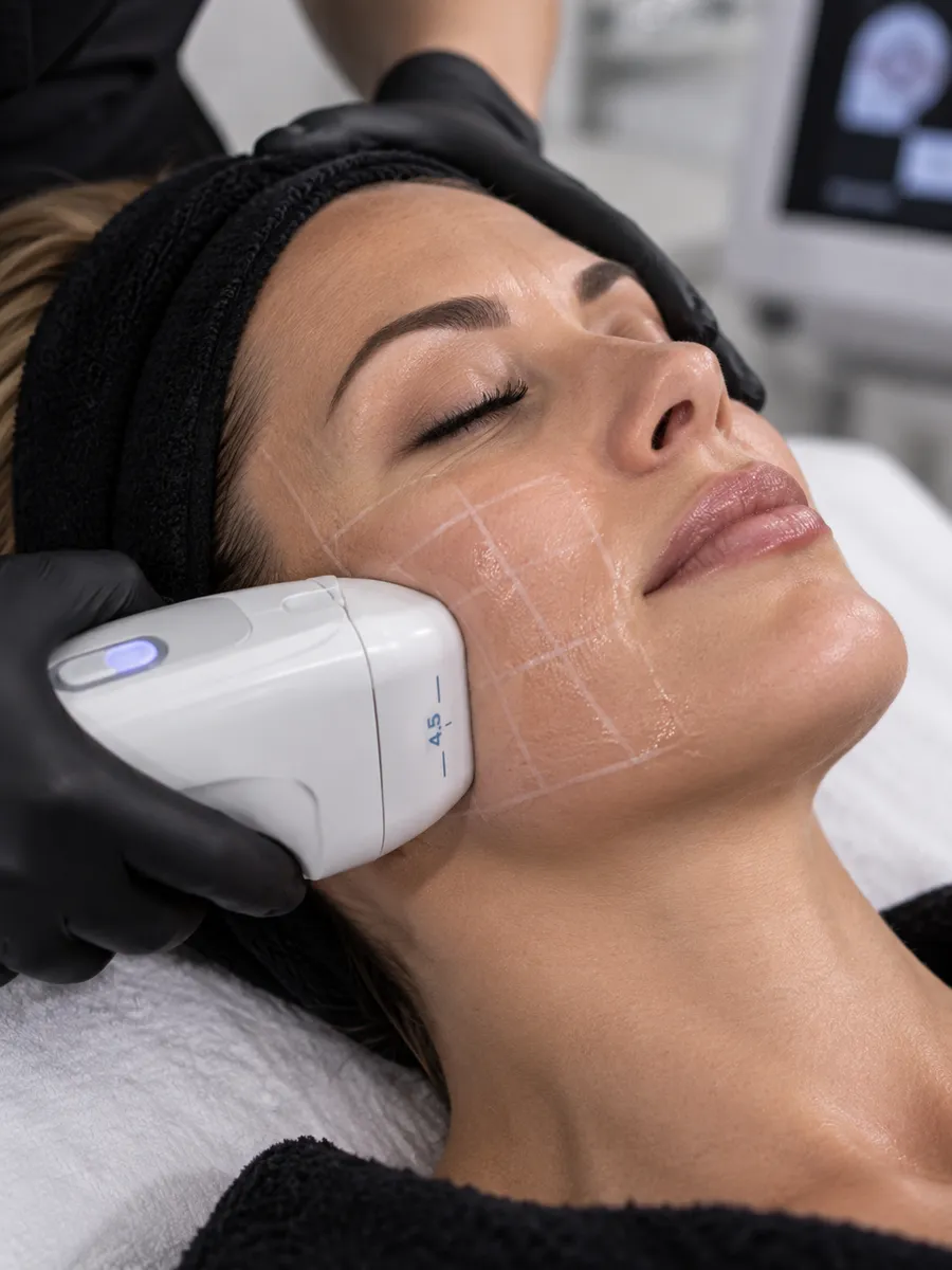 A HIFU device being applied to a client's jawline during treatment