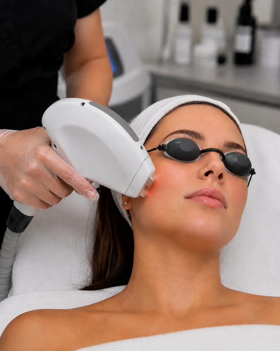 An IPL device being applied to a client's face during a skin rejuvenation treatment