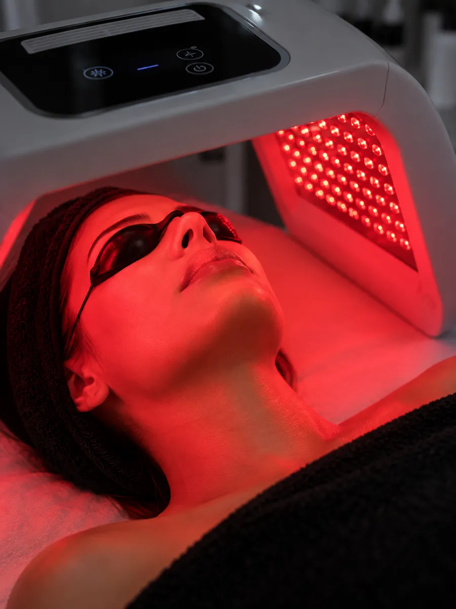 A client receiving LED light therapy, viewed from the side
